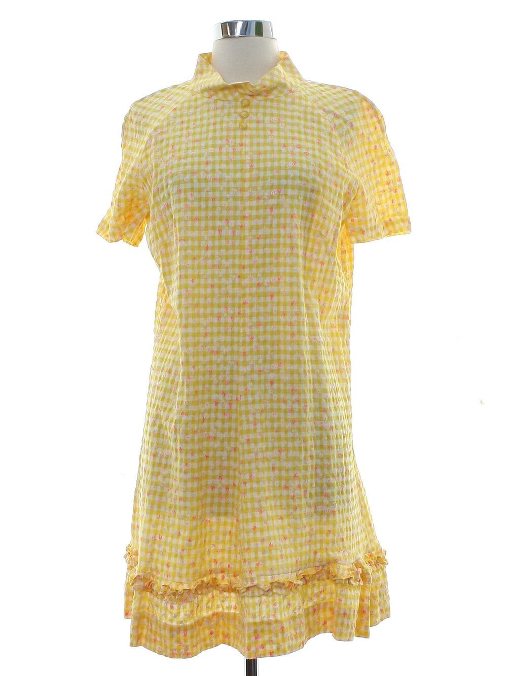 Vintage 70s Home Sewn Yellow Gingham Floral Mini Dress Ruffle Hem S